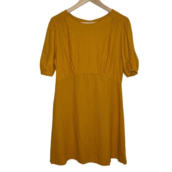 ASOS Womens Linen Mini Dress 10 Yellow Orange Puff Sleeve Keyhole Open Back - Picture 3 of 12